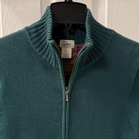 Vintage 90s L.L. Bean Flannel Lined Full Zip Cardigan Sweater Green Size Large - Picture 2 of 9